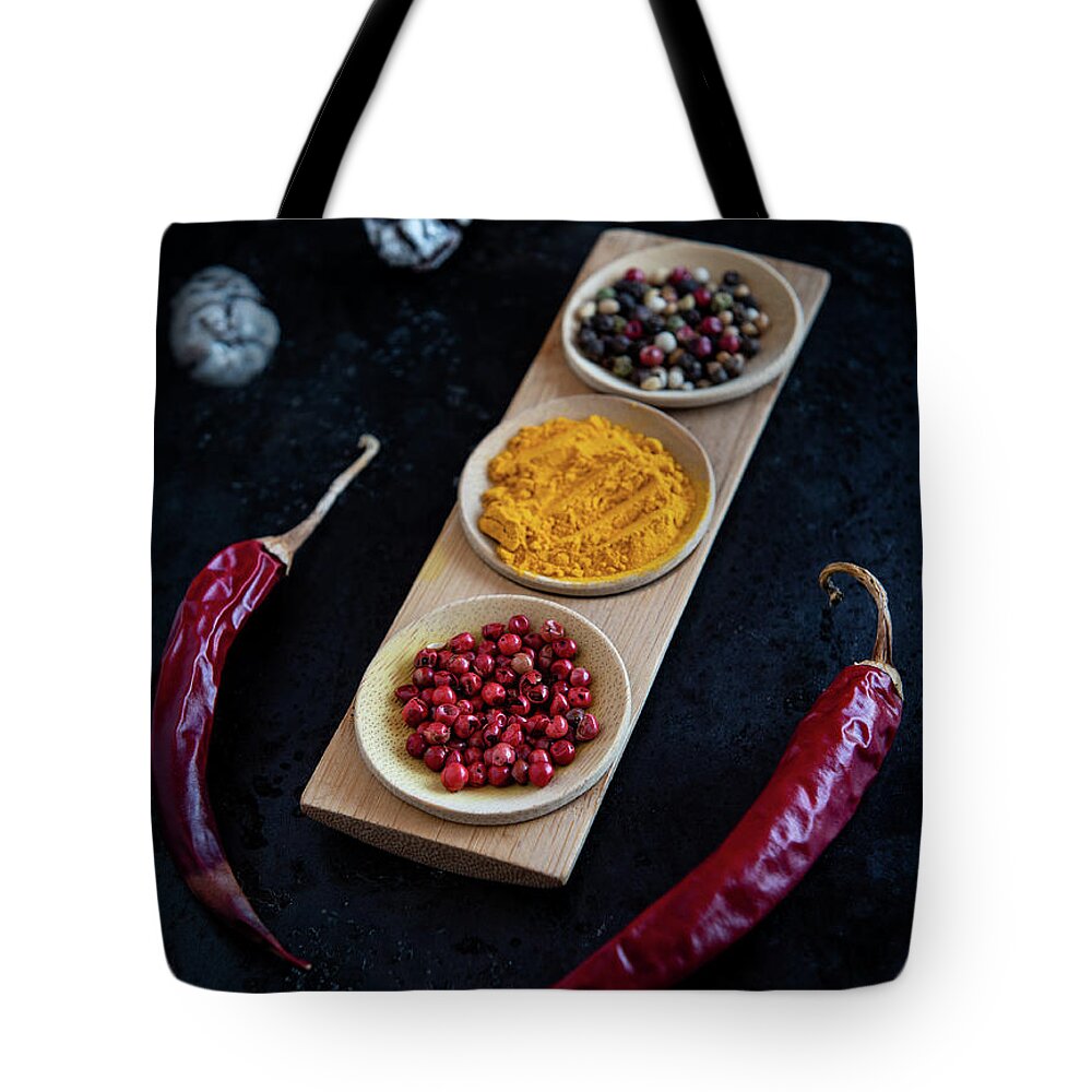 Spice Tote Bag featuring the photograph Collection of aromatic herbal peeper spices by Michalakis Ppalis