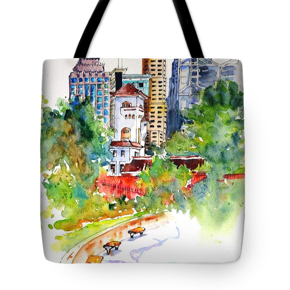 Colonial Building Tote Bag featuring the painting Colonial vs the Modern in Hong kong by Betty M M Wong