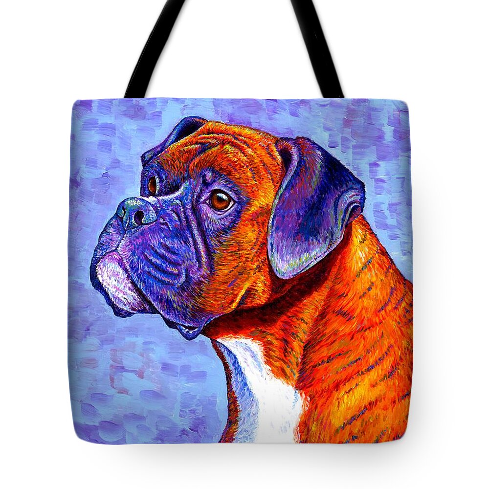Boxer Tote Bag featuring the painting Devoted Guardian - Colorful Brindle Boxer Dog by Rebecca Wang