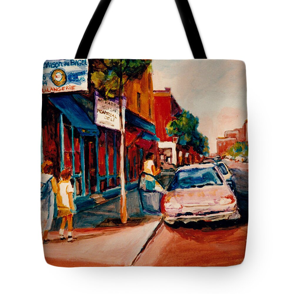 Montreal Tote Bag featuring the painting Colorful Montreal Streets C Spandau Canadian Cityscene Artist Mile End Plateau Quebec Fine Art by Carole Spandau