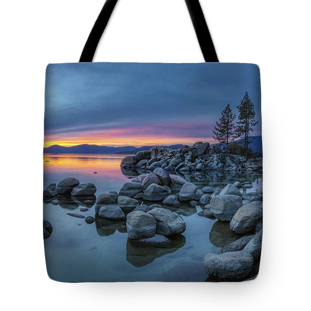 Beach Tote Bag featuring the photograph Colorful Sunset at Sand Harbor Panorama by Andy Konieczny