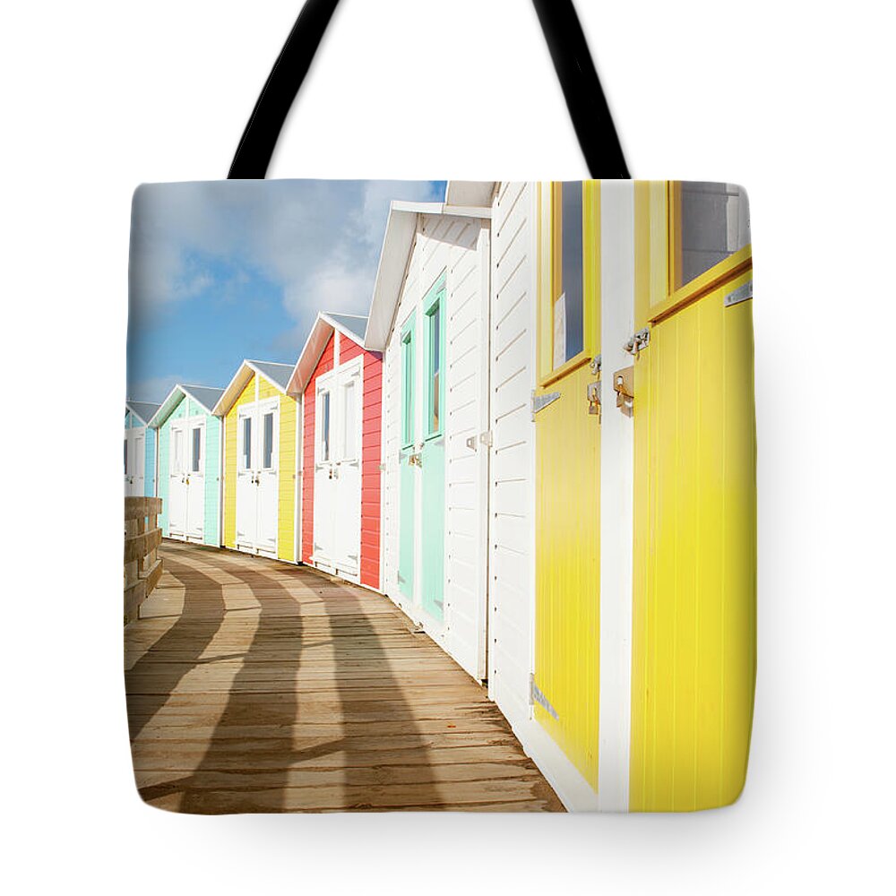 Beach Huts Tote Bag featuring the photograph Colourful Bude Beach Huts by Helen Jackson