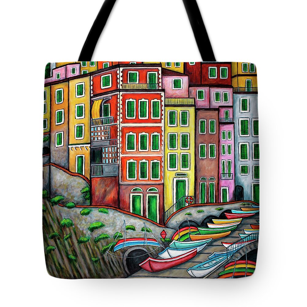 Italy Tote Bag featuring the painting Colours of Riomaggiore, Cinque Terre by Lisa Lorenz