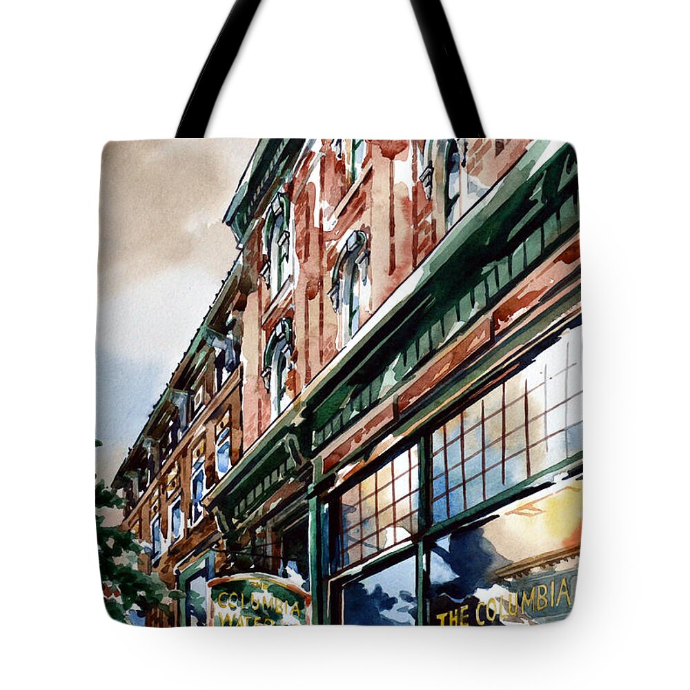 #watercolor #landscape #cityscape #columbia #columbiapa #oldbuildings #columbiawater Tote Bag featuring the painting Columbia Water by Mick Williams