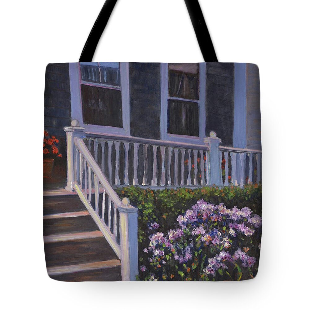 Provincetown Tote Bag featuring the painting Commercial St Porch by Beth Riso