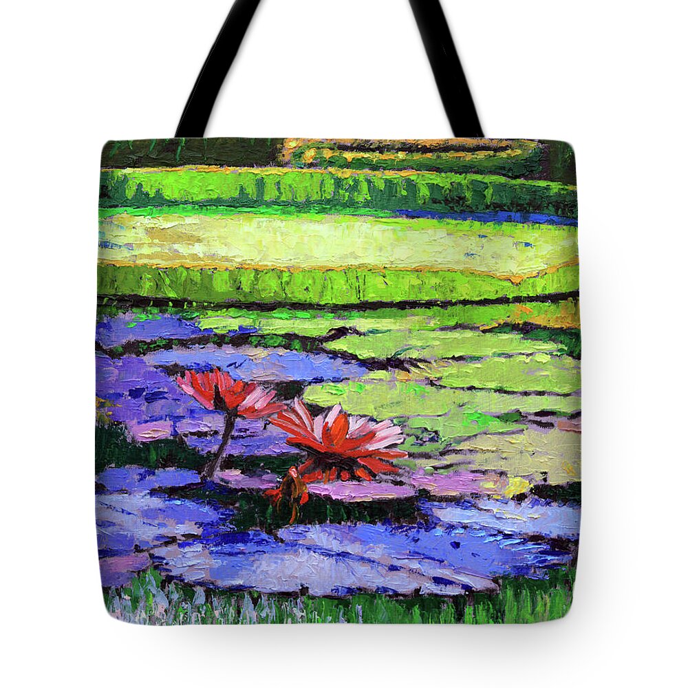 Water Lilies Tote Bag featuring the painting Composition of Colors by John Lautermilch