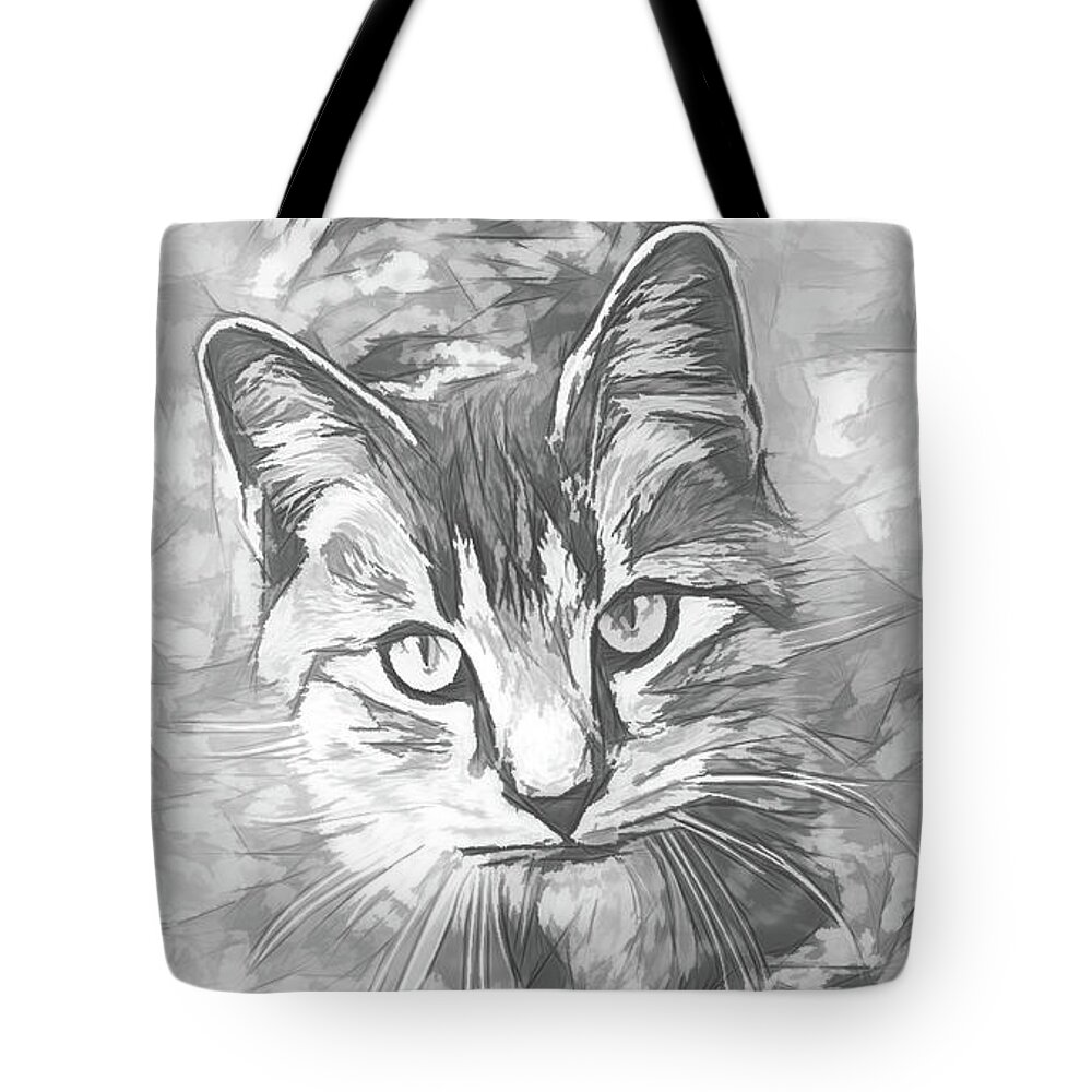 Cat Tote Bag featuring the digital art Winston the Cat Black and White Sketch by Rick Deacon