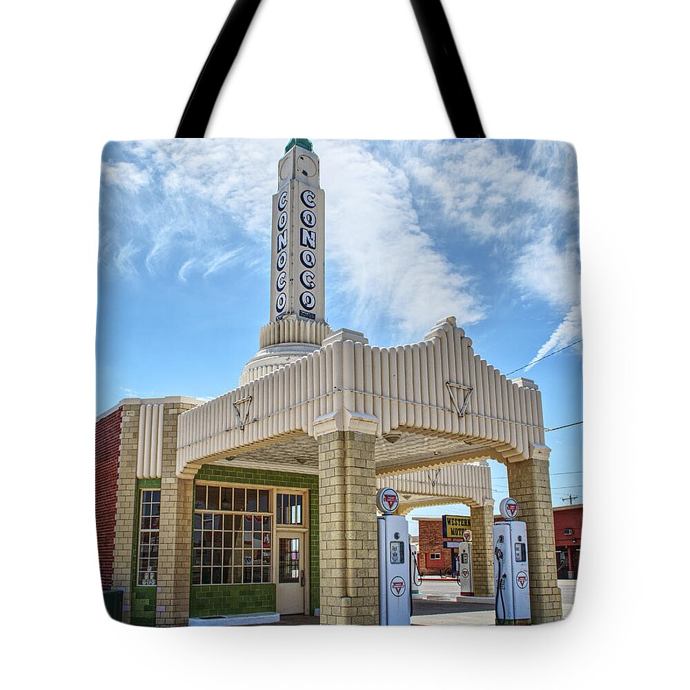 Conoco Tote Bag featuring the photograph Conoco Tower Service Station and U-Drop Inn by Deborah Ritch