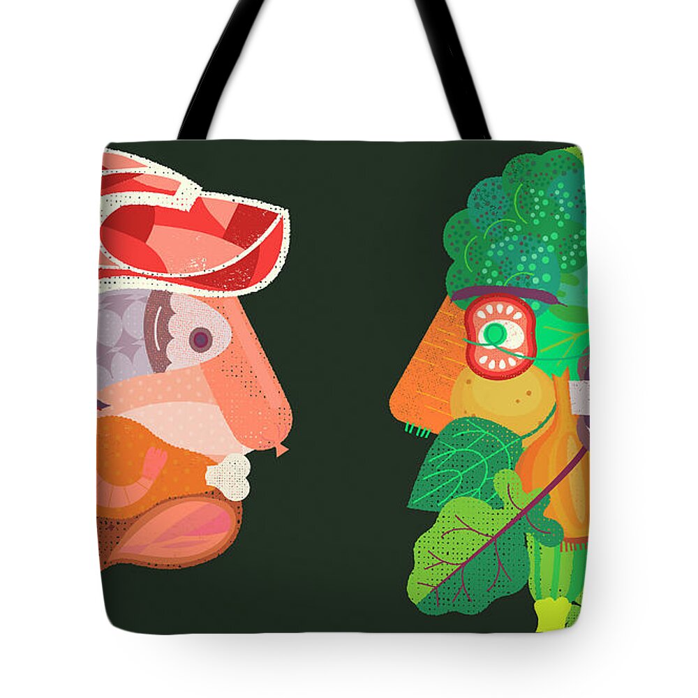 Abundance Tote Bag featuring the photograph Contrasting Heads Formed From Meat by Ikon Images