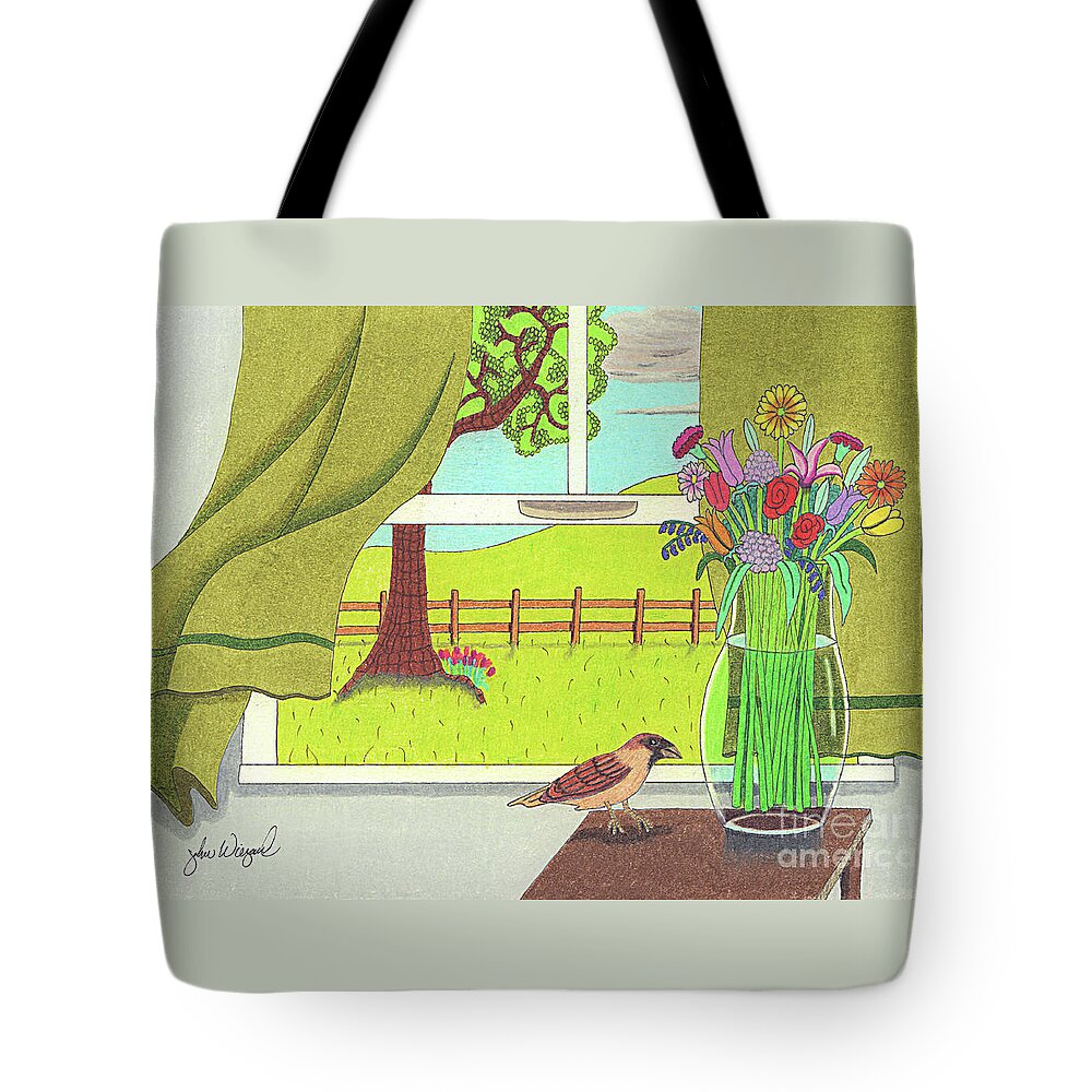 Spring Day Tote Bag featuring the drawing Cool Breeze by John Wiegand