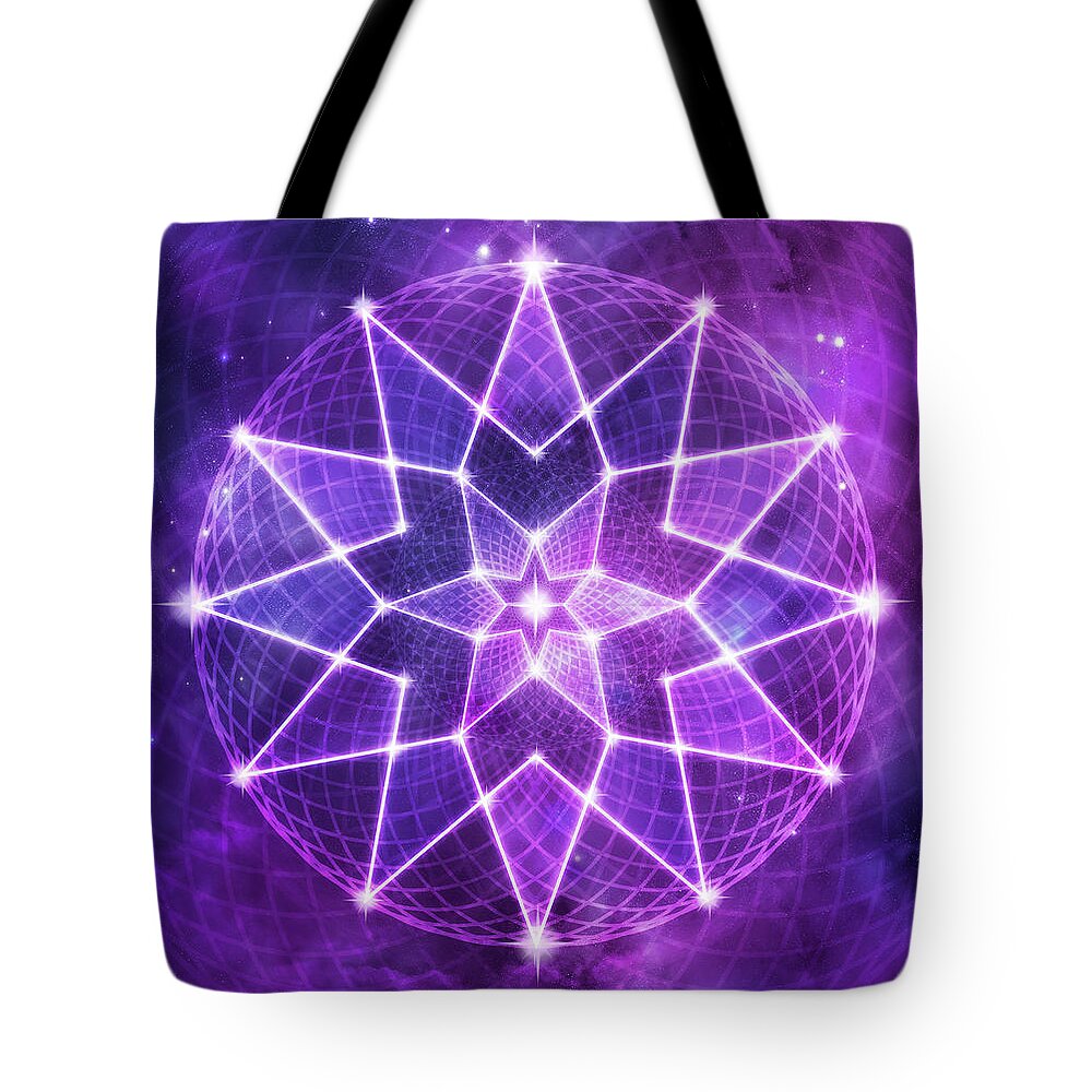 Seed Of Life Tote Bag featuring the digital art Cosmic Purple Geometric Seed of Life Crystal Lotus Star Mandala by Laura Ostrowski