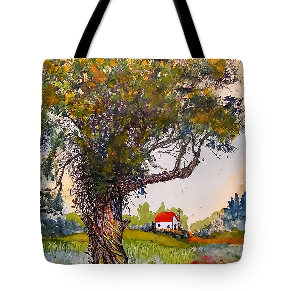 Old Tree Tote Bag featuring the painting Country Back Roads by Mike Benton