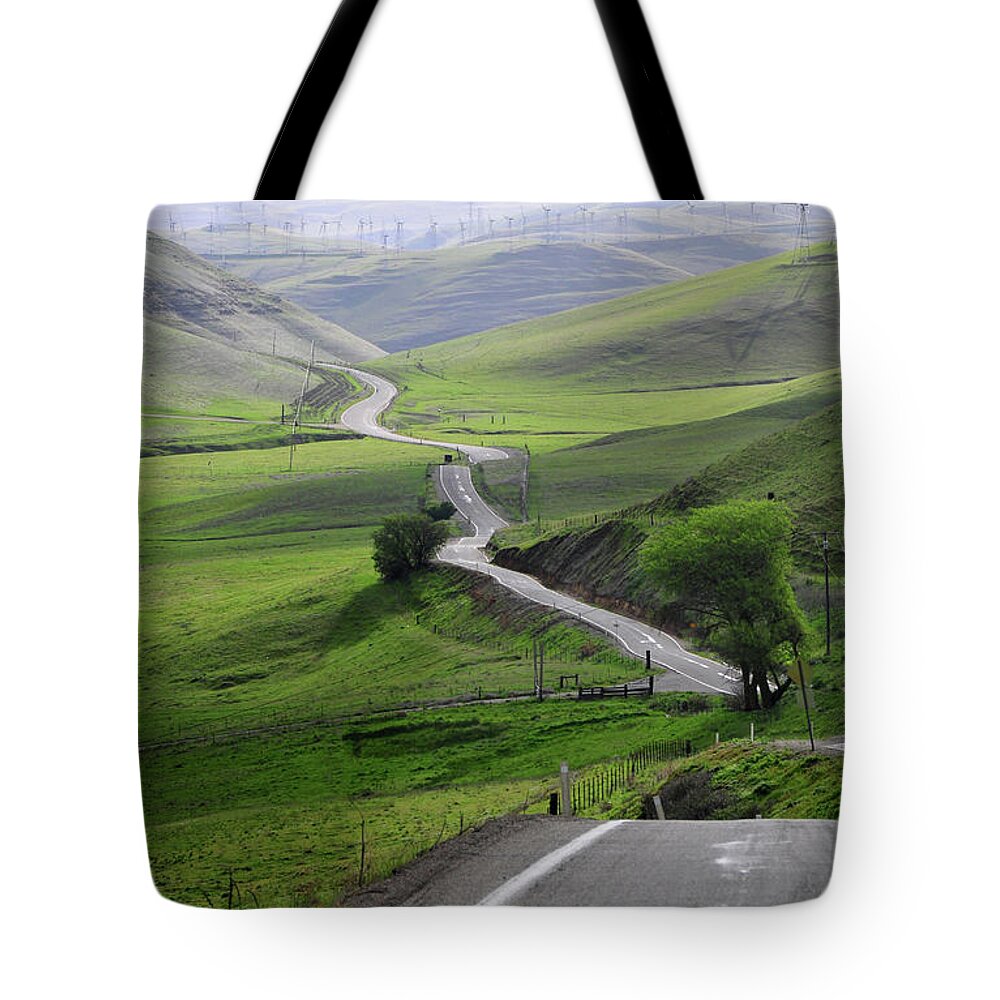 Scenics Tote Bag featuring the photograph Country Road Through Green Hills by Mitch Diamond