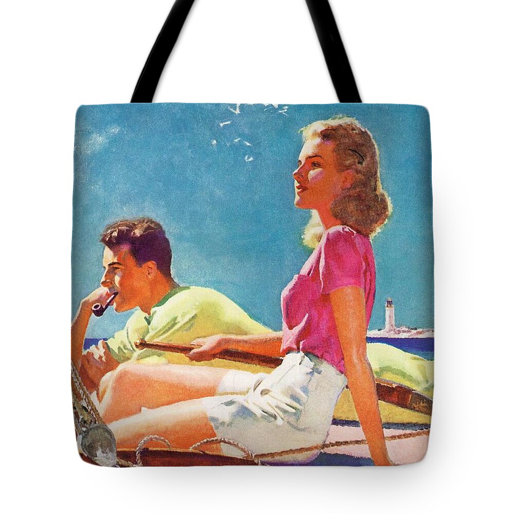Couple Tote Bag featuring the drawing Couple On Sailboat by Mcclelland Barclay