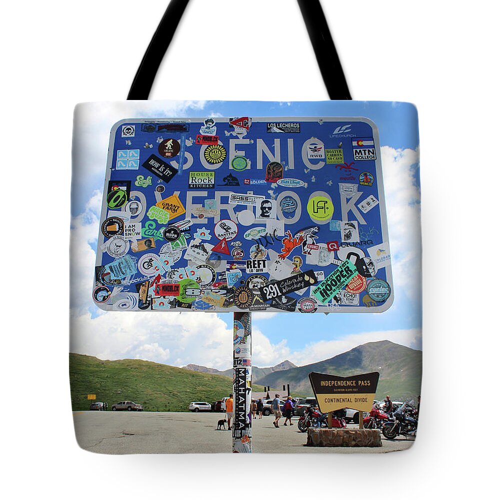 Sign Tote Bag featuring the photograph Covered Independence Pass Colorado Scenic Overlook sign by Adam Long