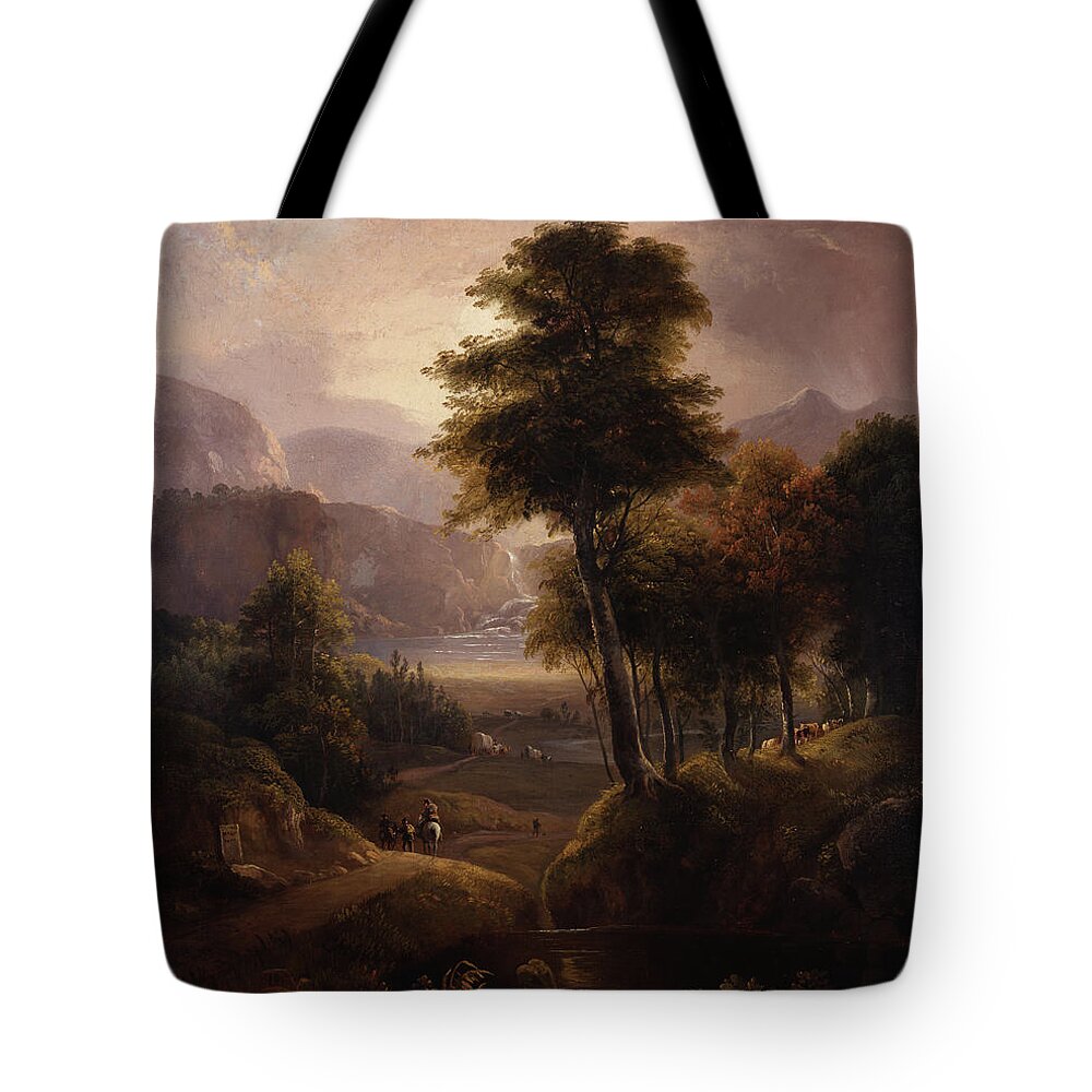 Waterfall Tote Bag featuring the painting Covered Wagons In The Rockies, 1837 by Alvan Fisher
