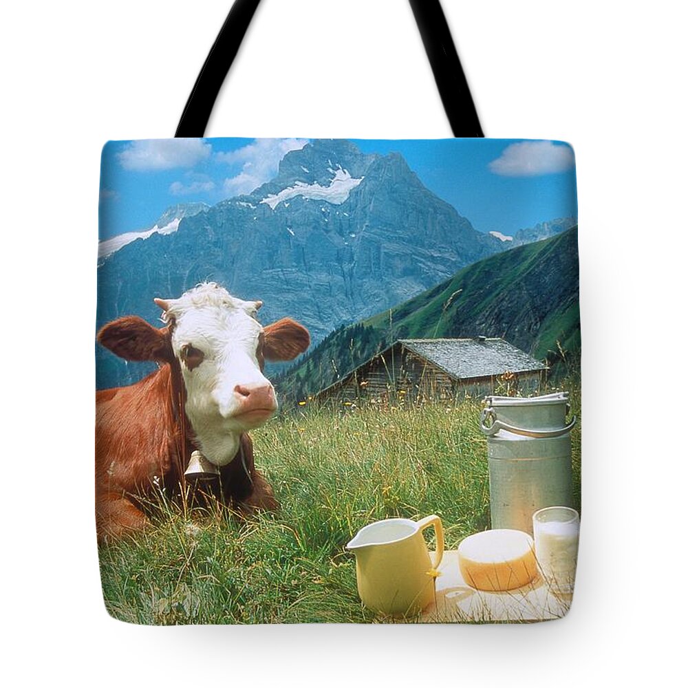 Estock Tote Bag featuring the digital art Cow With Dairy Products by Cornelia Dorr