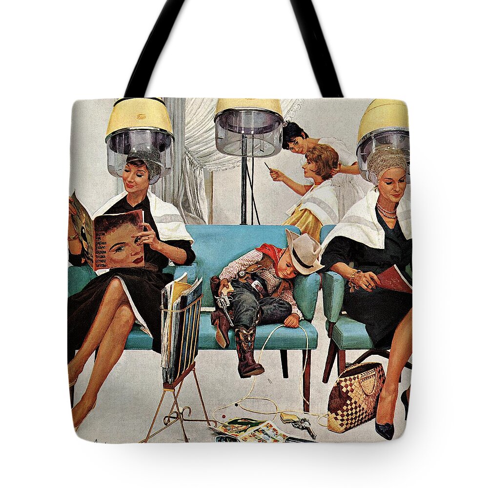 Beauty Shops Tote Bag featuring the drawing Cowboy Asleep In Beauty Salon by Kurt Ard