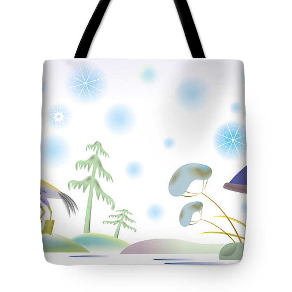 Panoramic Tote Bag featuring the digital art Crane And Heron by Illustration For Folk Tale