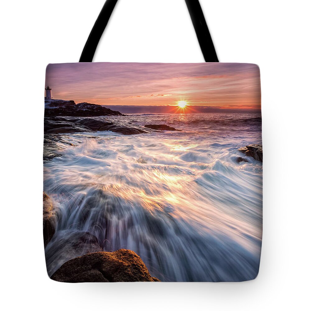Amazing New England Tote Bag featuring the photograph Crashing Waves at Sunrise, Nubble Light. by Jeff Sinon