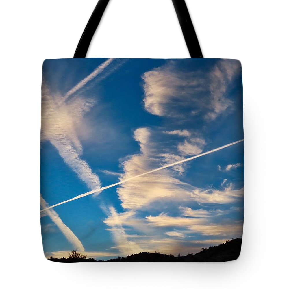 Arizona Tote Bag featuring the photograph Crazy Contrails by Judy Kennedy