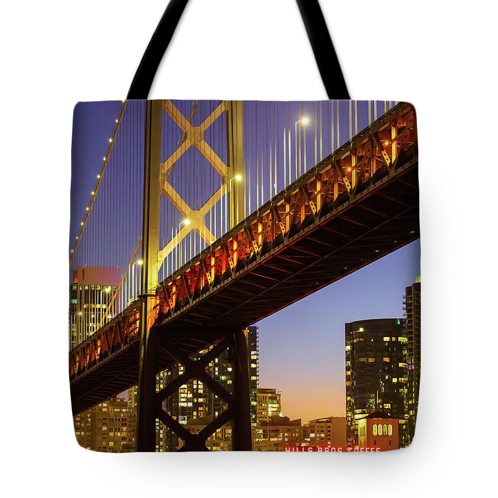Sfo Tote Bag featuring the photograph Crescent Moon And Coffee Under The Oakland Bay Bridge by Doug Sturgess