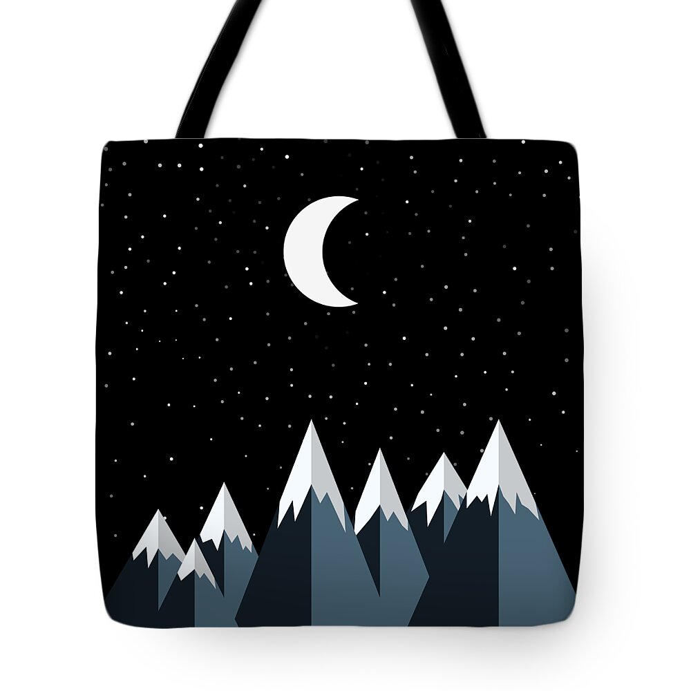 Rocky Tote Bag featuring the digital art Crescent Moon and Snow Capped Mountains by Pelo Blanco Photo