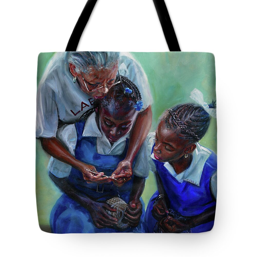 Crochet Tote Bag featuring the painting Crochet Lesson 2 by Jonathan Gladding