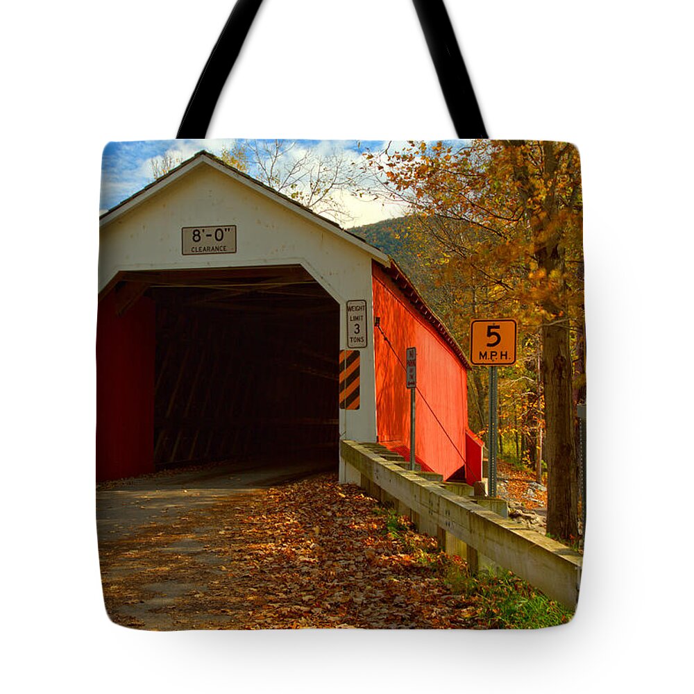 Eagleville Covered Bridge Tote Bag featuring the photograph Crossing The Battenkill River by Adam Jewell