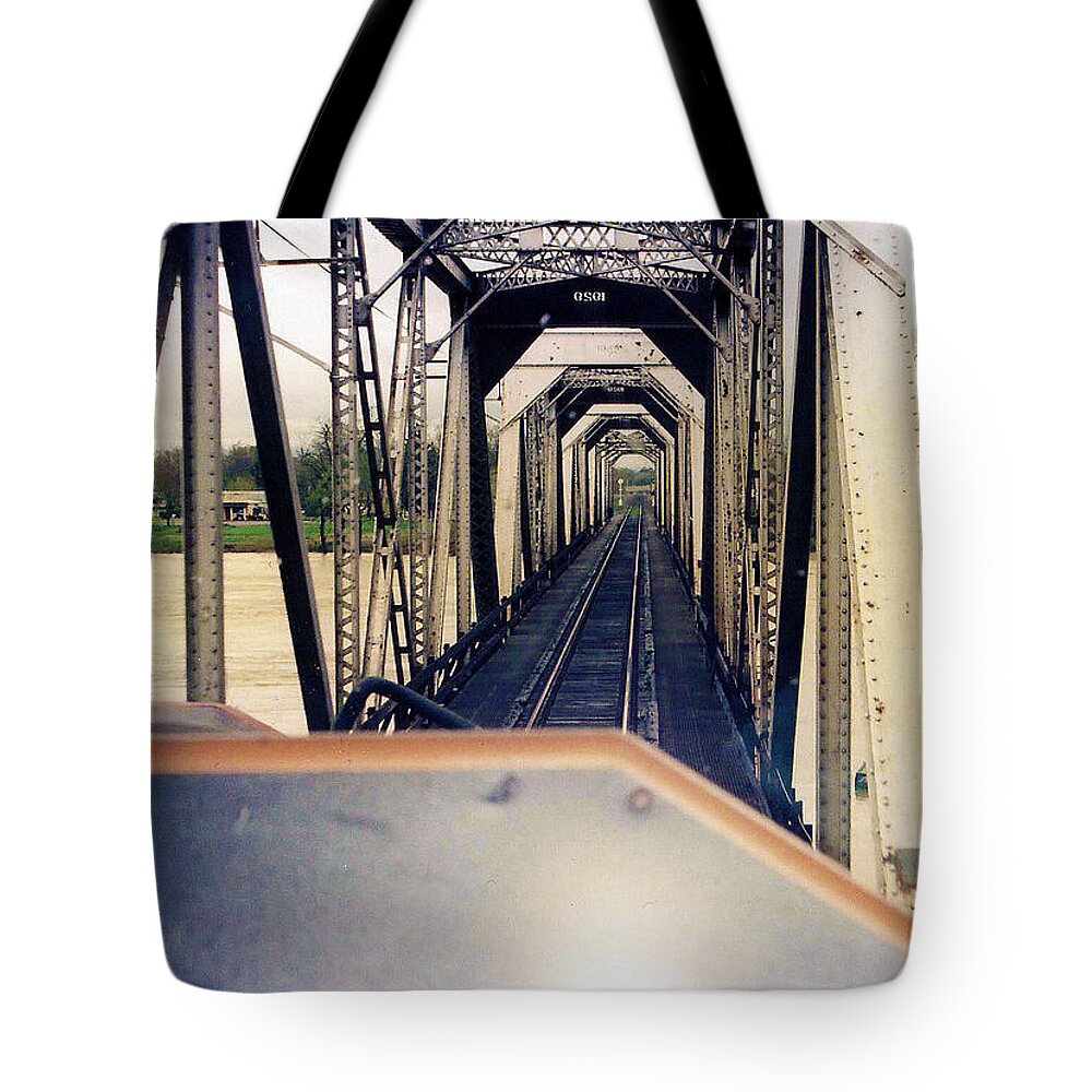 Train Tote Bag featuring the photograph RAIL BRIDGE - Crossing the Sacramento River - Flood Stage by John and Sheri Cockrell