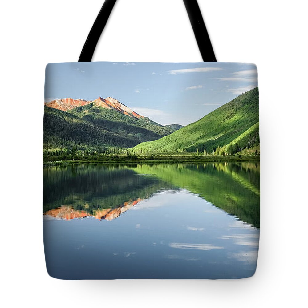 Crystal Lake Tote Bag featuring the photograph Crystal Lake Red Mountain Reflection in Ouray Colorado by Robert Bellomy