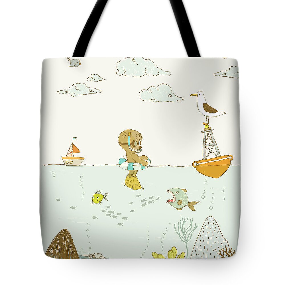 Whimsical Tote Bag featuring the painting Cute bear and other animals whimsical ocean scene by Matthias Hauser
