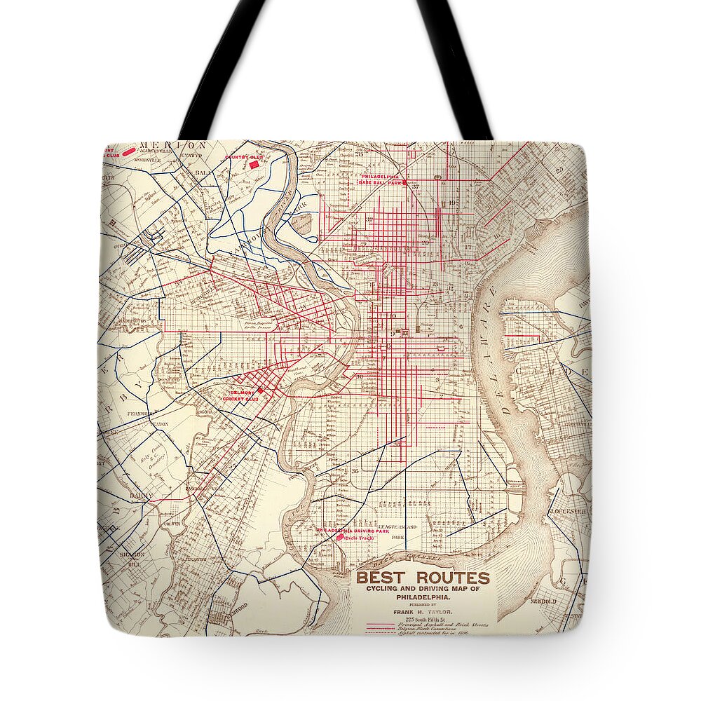 Philadelphia Tote Bag featuring the mixed media Cyclers' and drivers' best routes in and around Philadelphia by Frank H Taylor