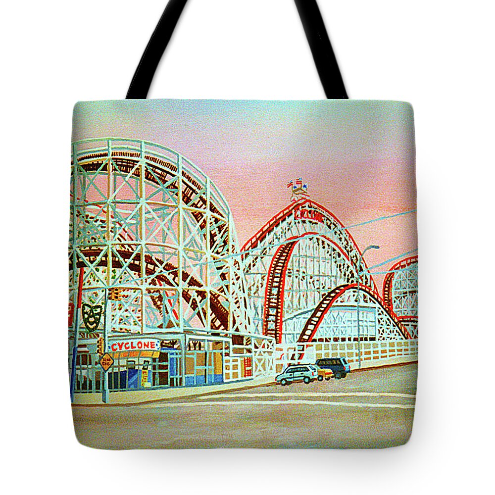  Tote Bag featuring the painting Cyclone Roller Coaster Full Pillow Version by Bonnie Siracusa