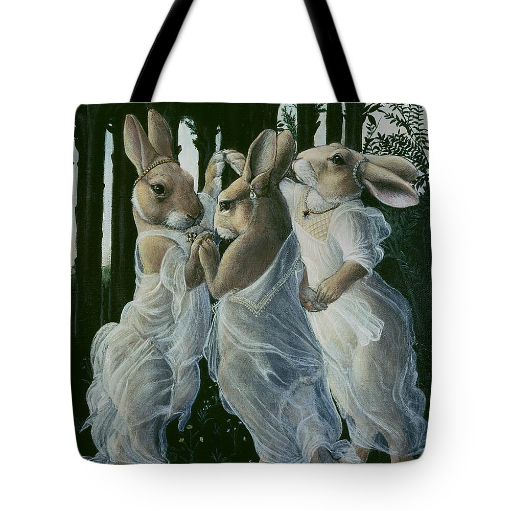 Bunnies Tote Bag featuring the painting Dancing Graces by Melinda Copper
