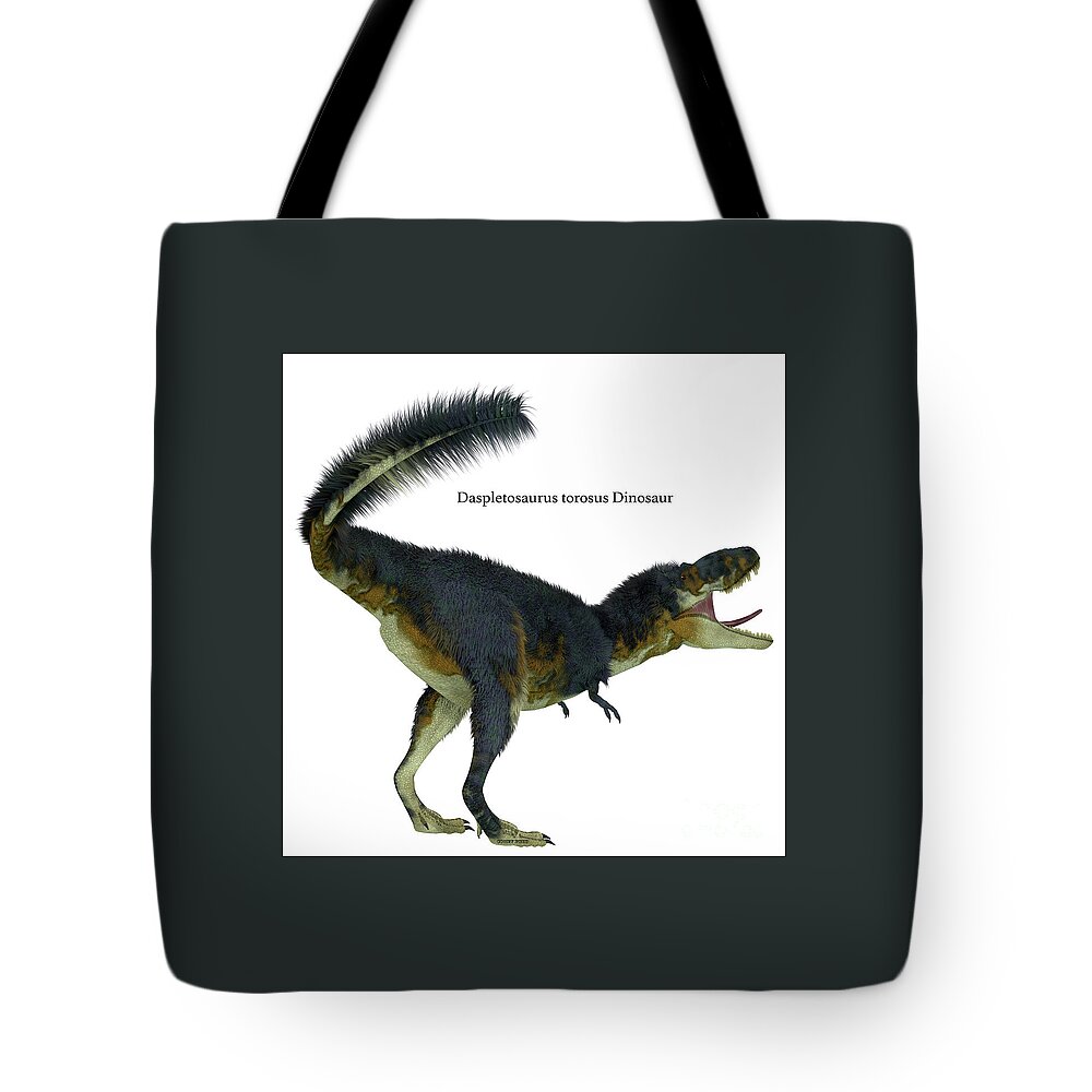 Daspletosaurus Tote Bag featuring the digital art Daspletosaurus Dinosaur Tail with Font by Corey Ford
