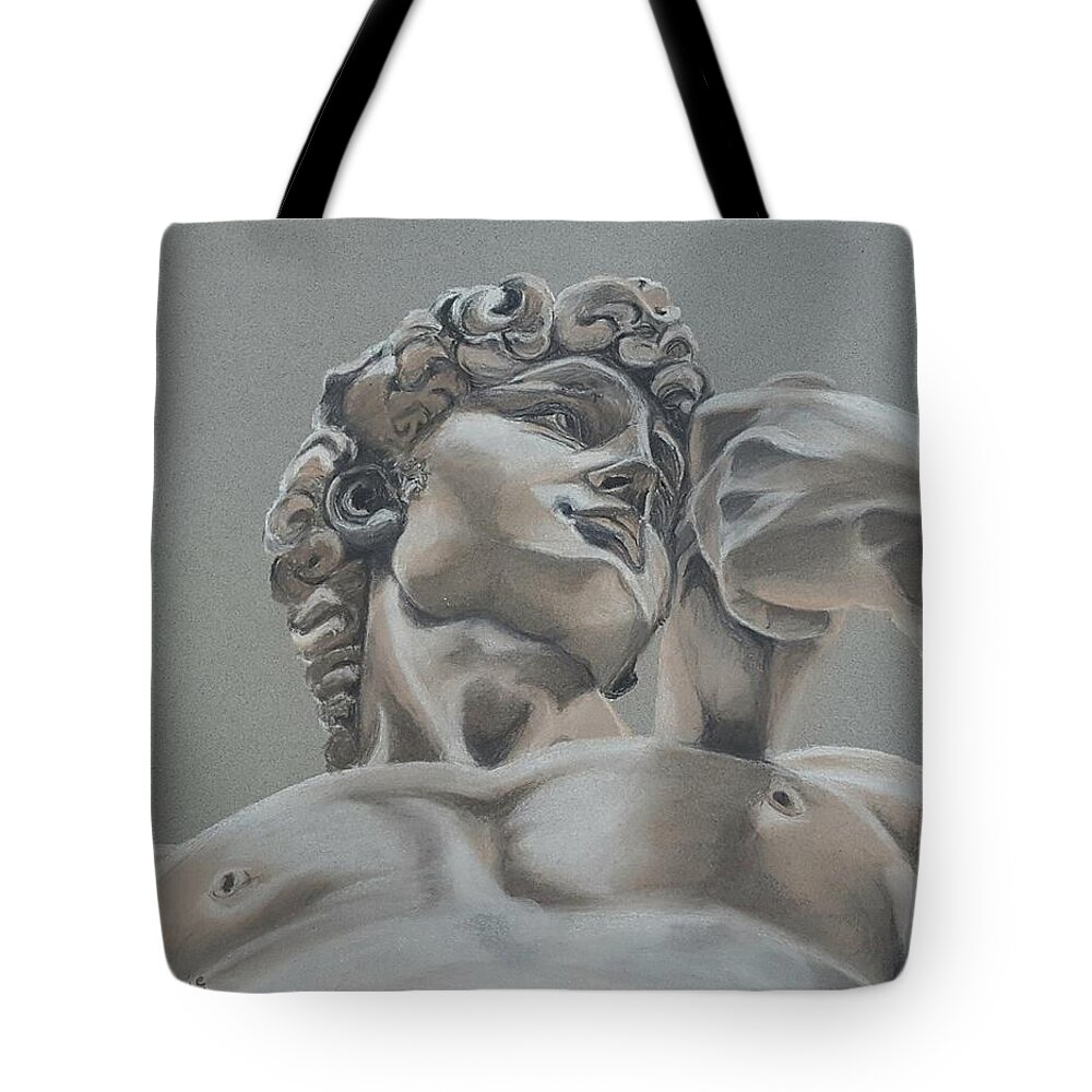 Michaelangelo's David Tote Bag featuring the drawing David A Foreshortened Perspective by Connie Rish