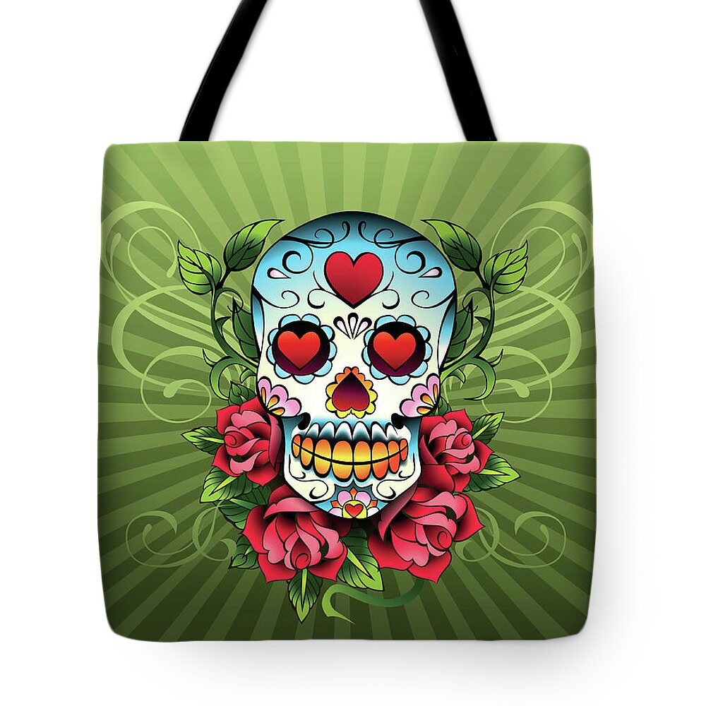 Horror Tote Bag featuring the digital art Day Of The Dead Skull by New Vision Technologies Inc