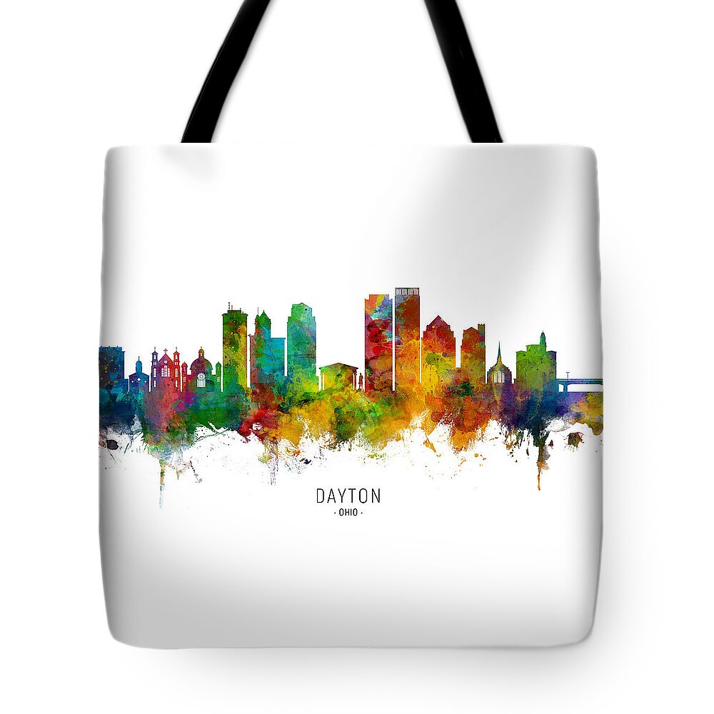 Dayton Tote Bag featuring the digital art Dayton Ohio Skyline Panoramic by Michael Tompsett