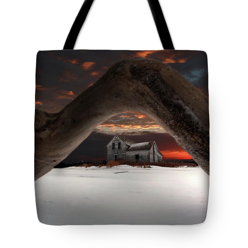 Abandoned Farm Farmstead Deadwood Frozen Tree Ice Snow Winter Cold Blue Scenic Landscape Prairie Winter Freezing Sunset Sunrise Arch Devils Lake Frost Desolate Deserted Tote Bag featuring the photograph Deadwood Arch Above Abandoned Farm #2 by Peter Herman
