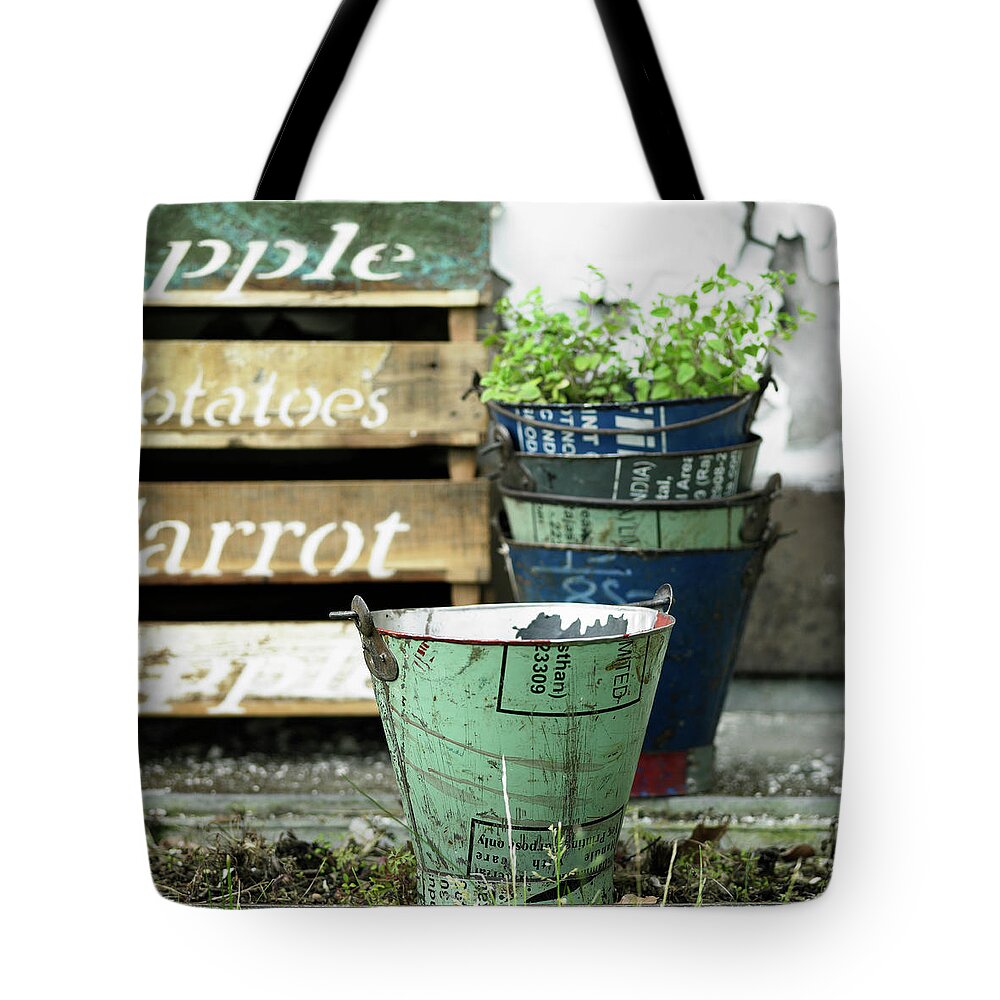 Copenhagen Tote Bag featuring the photograph Decorative Pails In Garden by Lisbeth Hjort