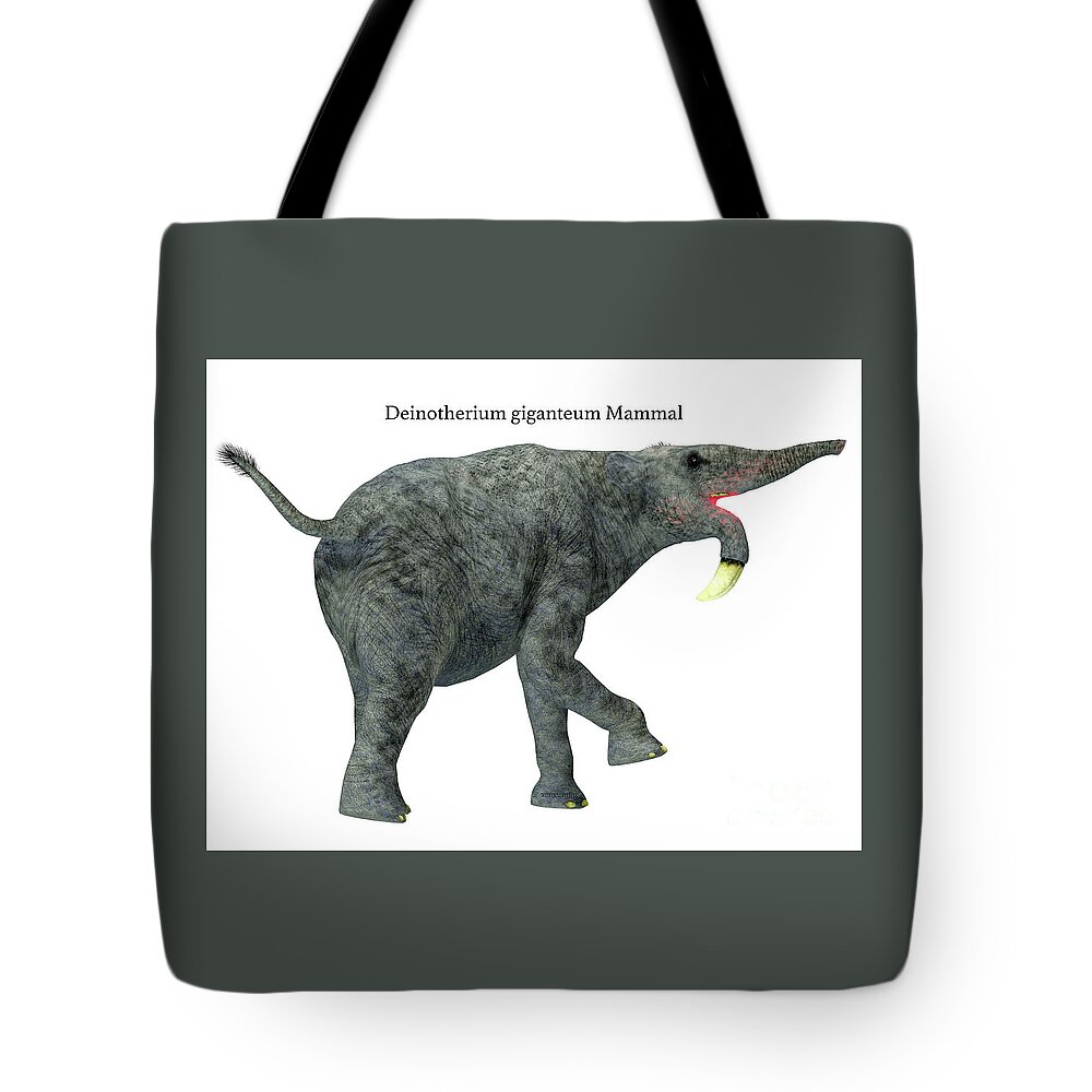 Deinotherium Tote Bag featuring the digital art Deinotherium Mammal Tail with Font by Corey Ford