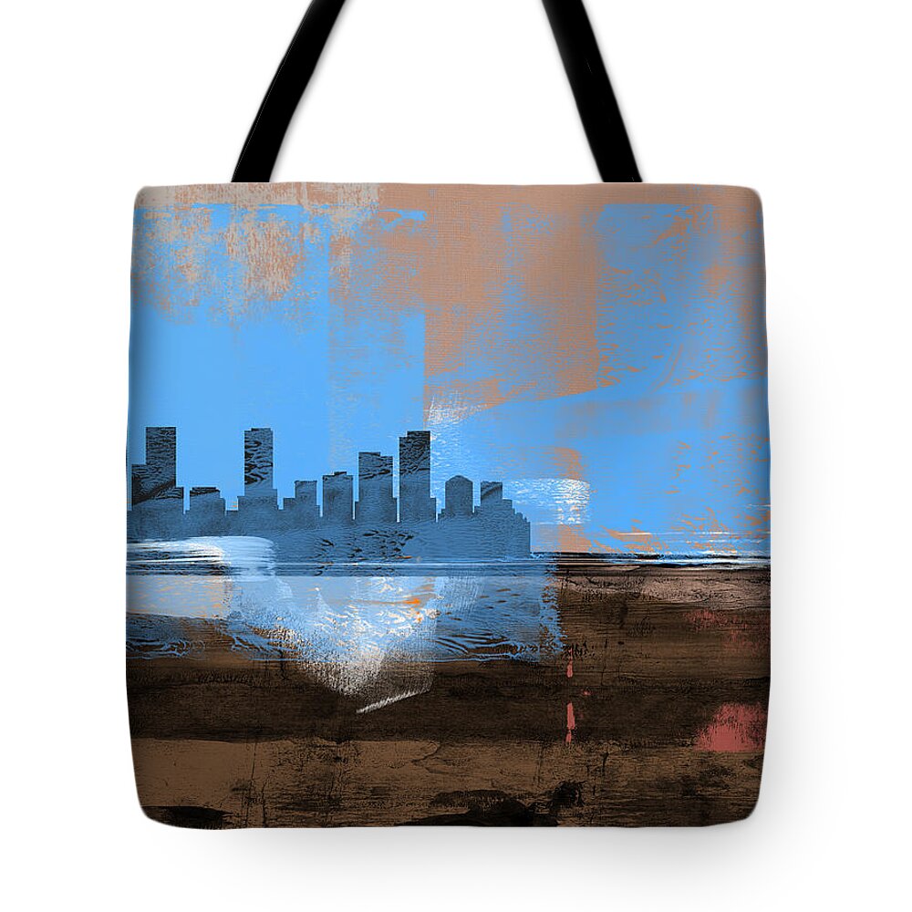 Denver Tote Bag featuring the mixed media Denver Abstract Skyline I by Naxart Studio