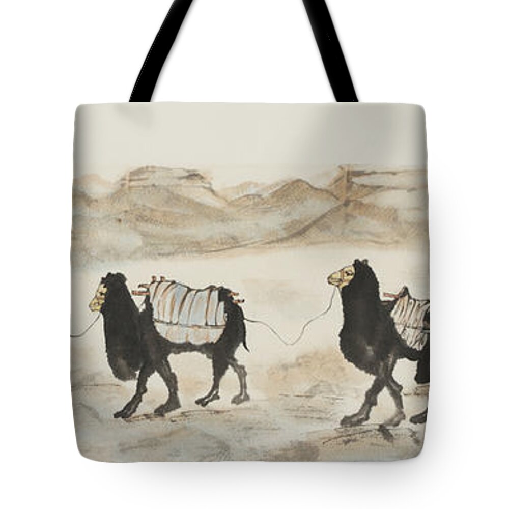 Chinese Watercolor Tote Bag featuring the painting Camel Caravan Outside the Great Wall by Jenny Sanders