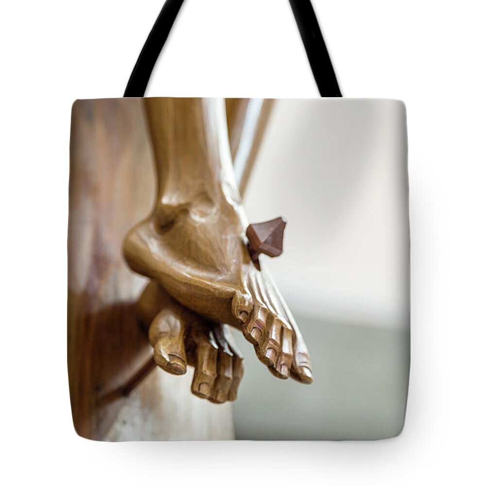 Christ Tote Bag featuring the photograph detail of feet of the Crucifixion of Jesus Christ by Vivida Photo PC