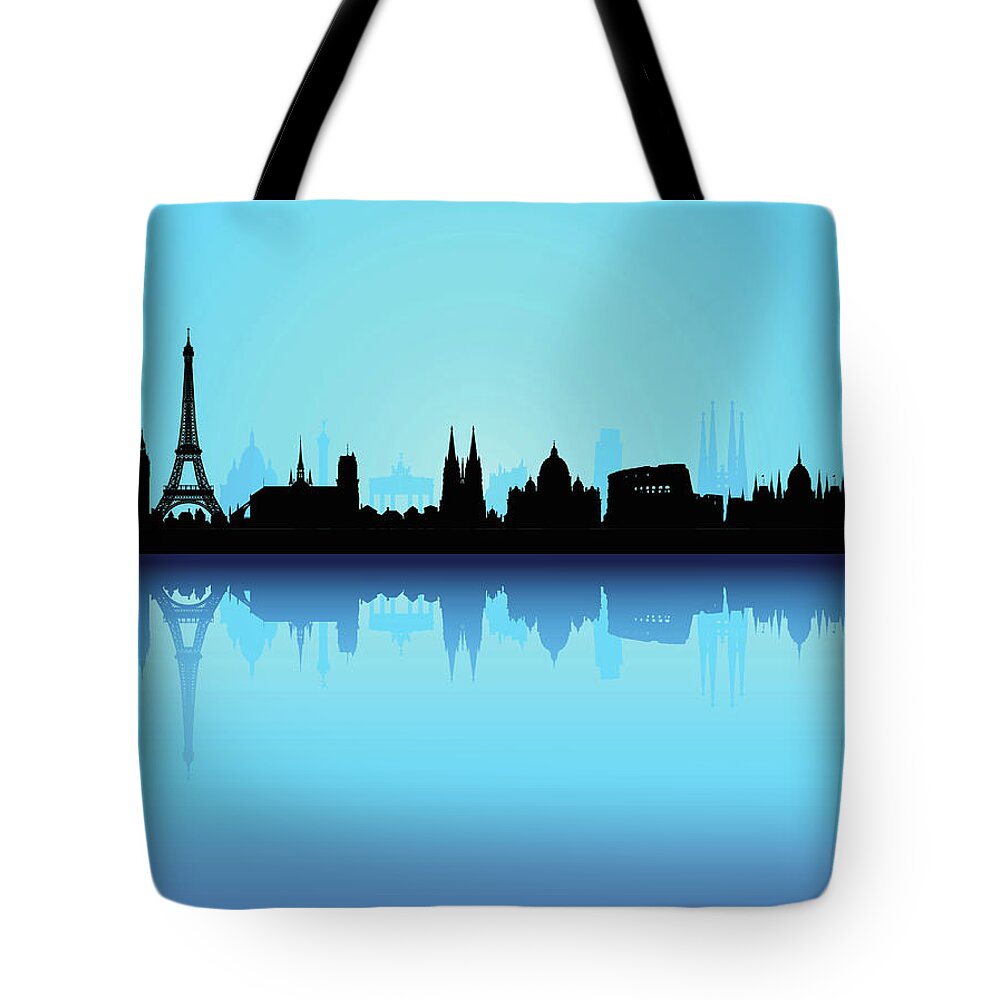 Clock Tower Tote Bag featuring the digital art Detailed Europe Skyline Each Building by Leontura