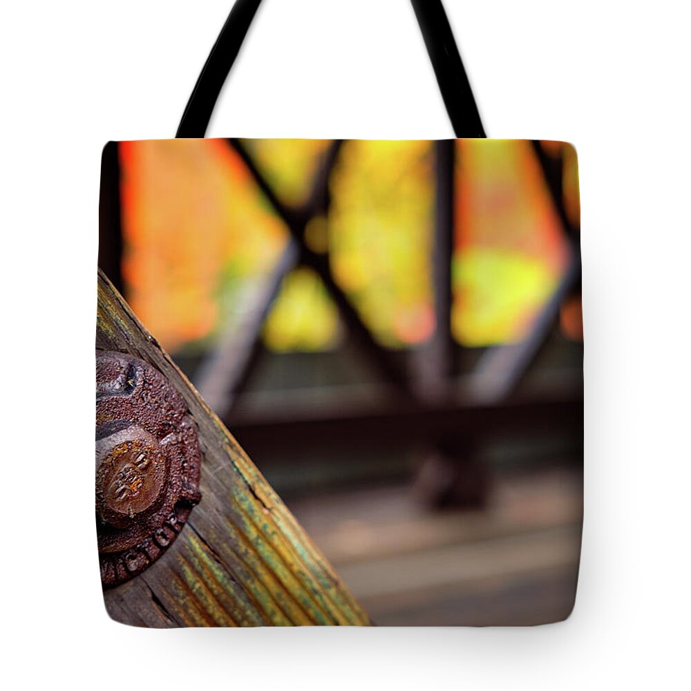Autumn Tote Bag featuring the photograph Details On A Covered Bridge by Jeff Sinon