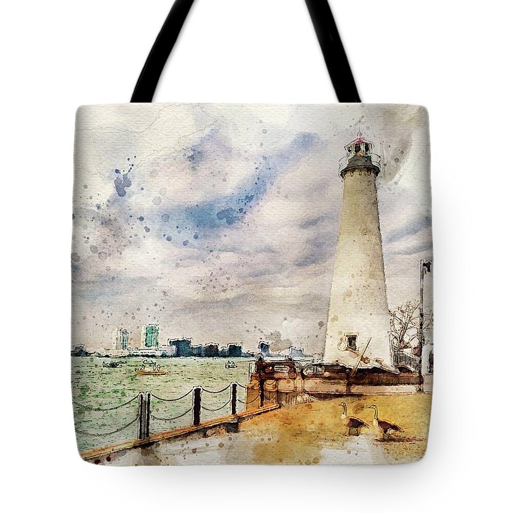 Detroit Tote Bag featuring the photograph Detroit river Light House and Geese DSC_0096 Watercolored by Michael Thomas