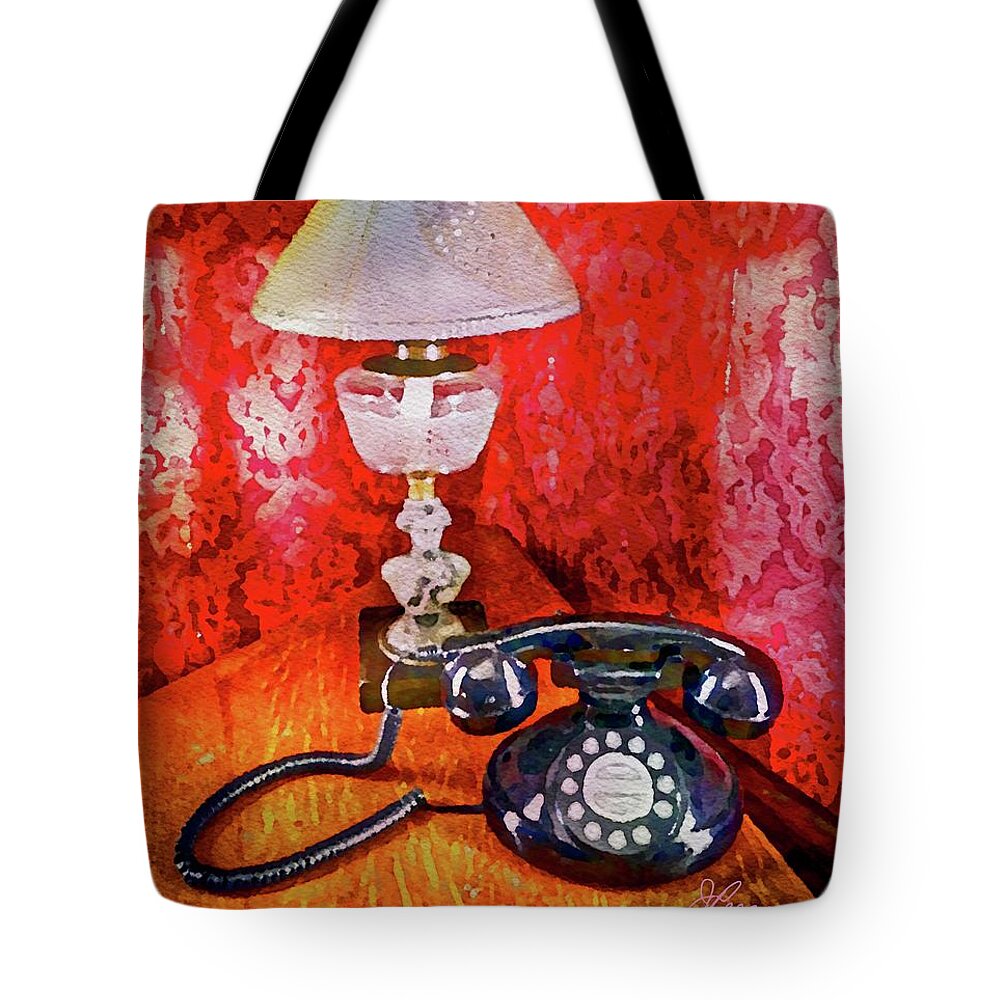 Antique Black Dial Telephone Tote Bag featuring the painting Dial up Telephone by Joan Reese