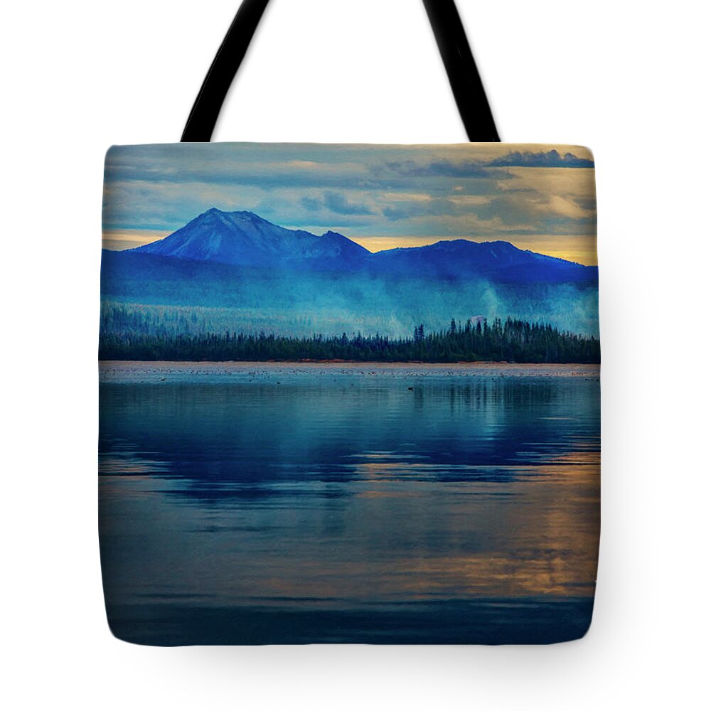Diamond Lake Oregon Tote Bag featuring the mixed media Diamond Lake Oregon Reflection by David Millenheft